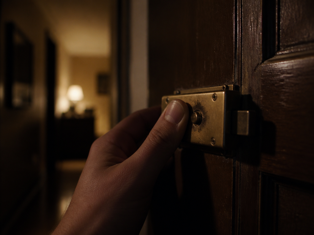 A thumb pressing against a brass deadbolt latch on a dark wooden door in a dimly lit nighttime hallway