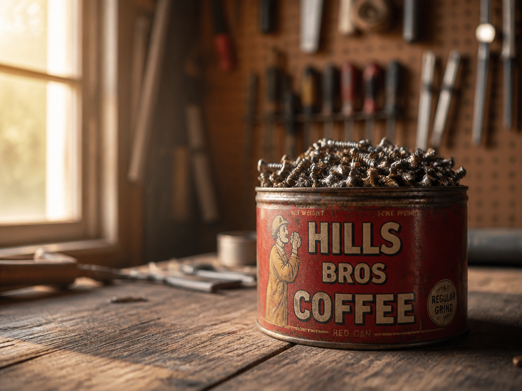 A vintage coffee can full of assorted screws on a worn workbench, lit by warm window light in a dim garage.