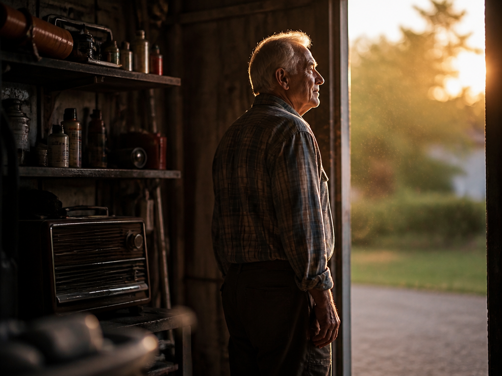 An elderly man in a plaid shirt standing in a garage doorway, gazing toward warm golden evening light.
