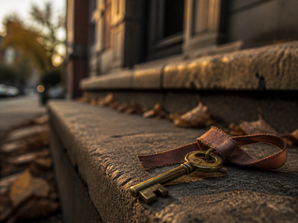 A worn brass key on a faded ribbon resting on concrete steps in soft golden afternoon light, blurred building behind
