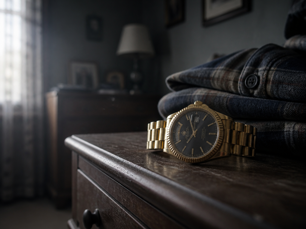 An untouched gold retirement wristwatch resting on a dresser beside a folded shirt in dim, quiet morning light