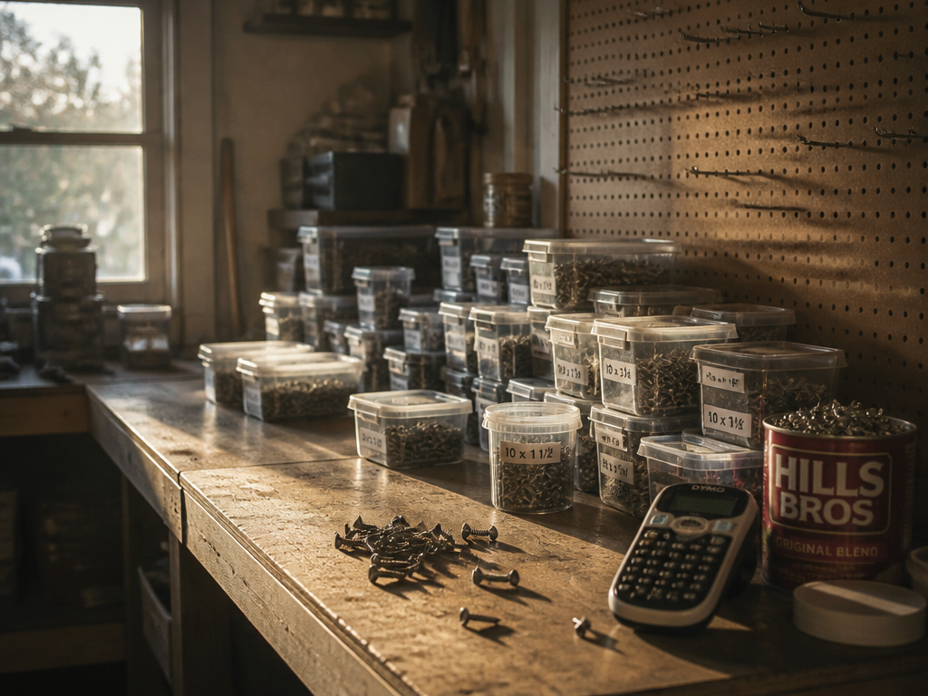 Cluttered garage workbench with a coffee can of screws, labeled containers, and an empty pegboard in soft morning light
