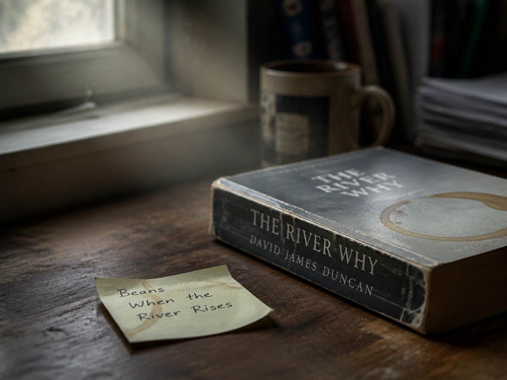 A cracked paperback novel, a handwritten sticky note, and a coffee ring stain on a worn wooden desk in soft window light