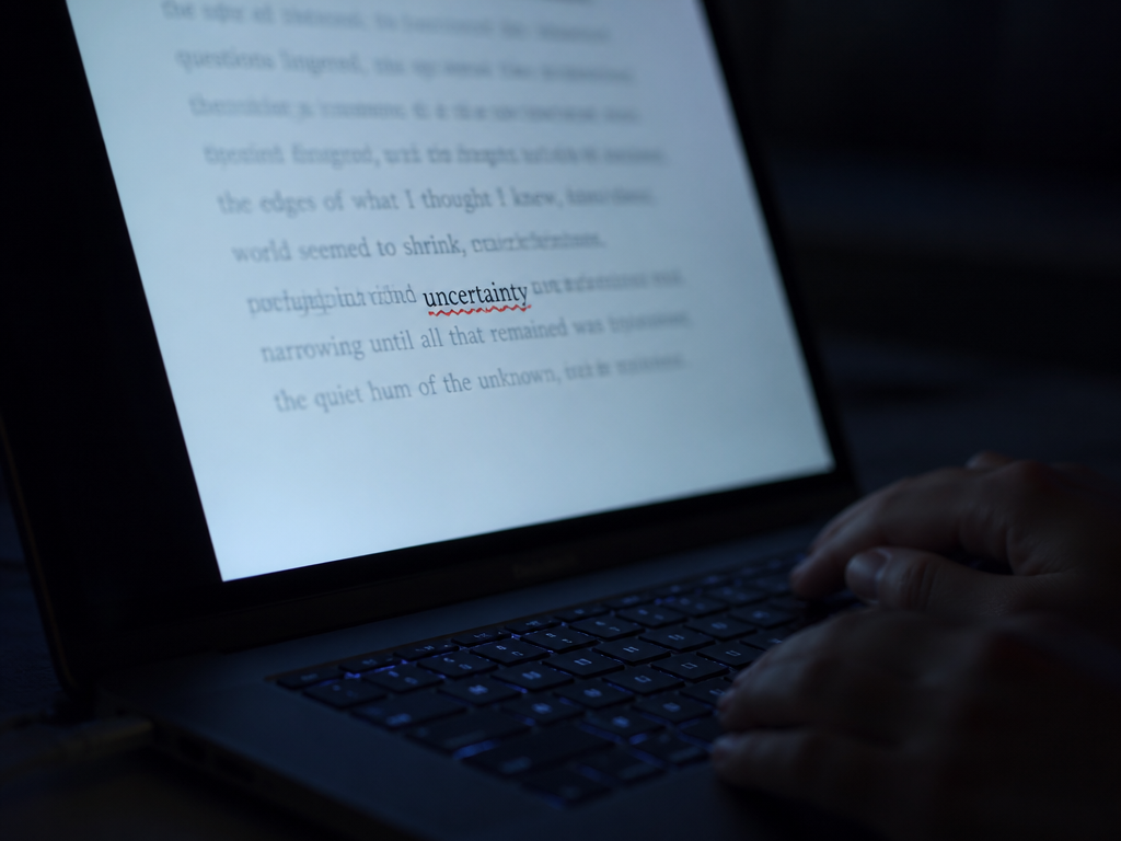 Dim room at night with laptop screen showing a word underlined by a red squiggle, hands resting still beside the keyboard