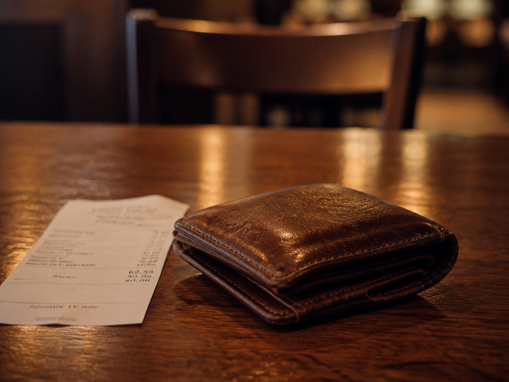 Worn brown leather wallet on a wooden restaurant table beside a folded check under warm dim light