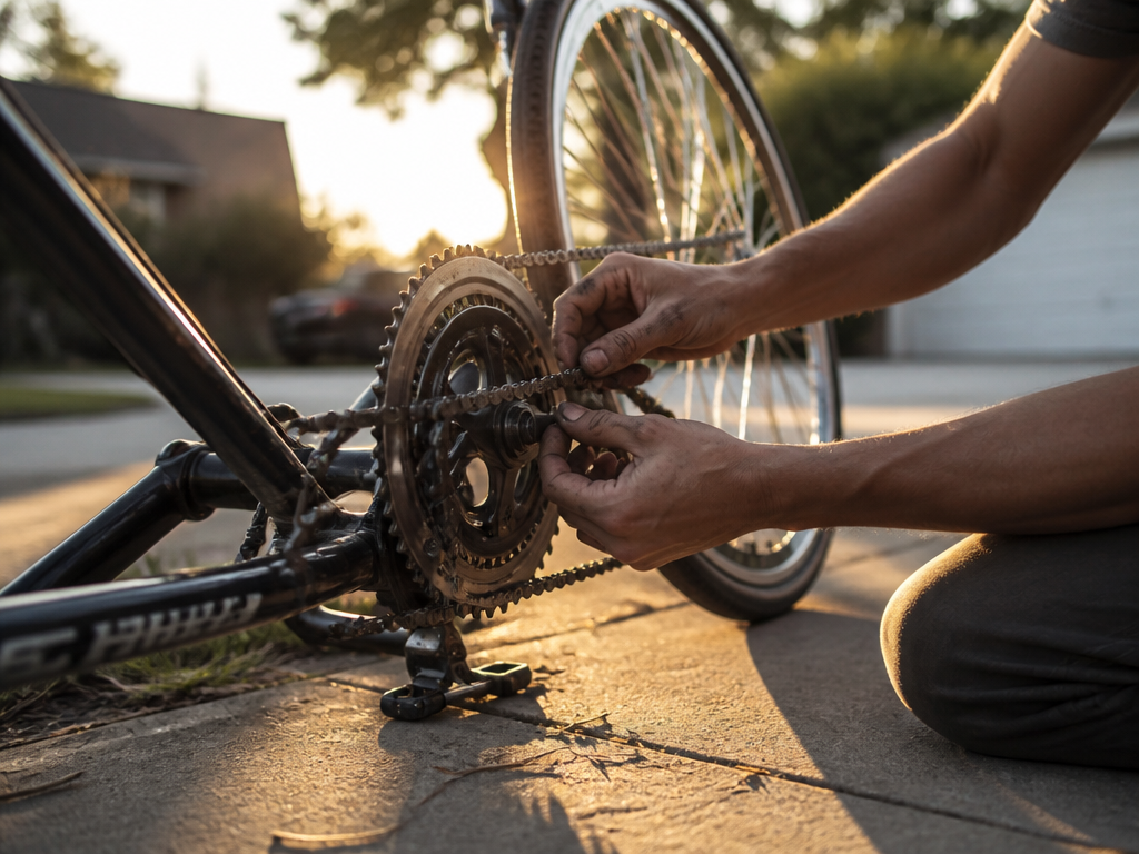 Grease-stained hands fixing the chain of an upside-down bicycle on a sunlit driveway in golden afternoon light