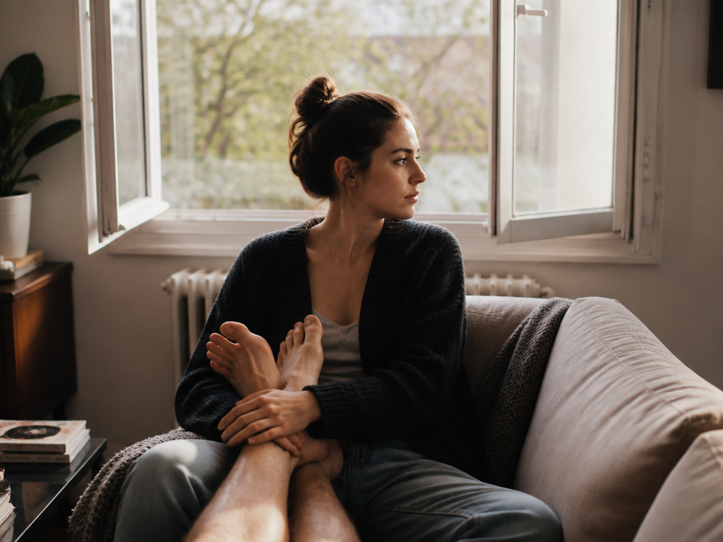 Woman seated on a couch looking quietly away in soft window light, partner's feet across her lap, intimate yet distant