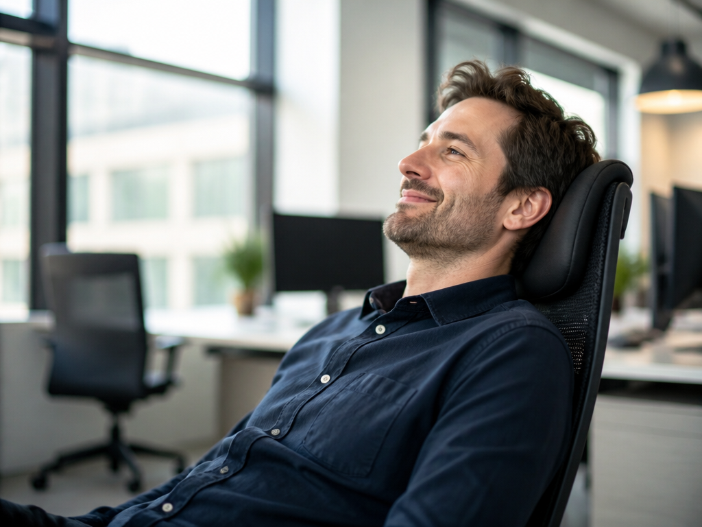 A relaxed man leaning back confidently in an office chair with a calm expression, bright daylight in a modern workspace