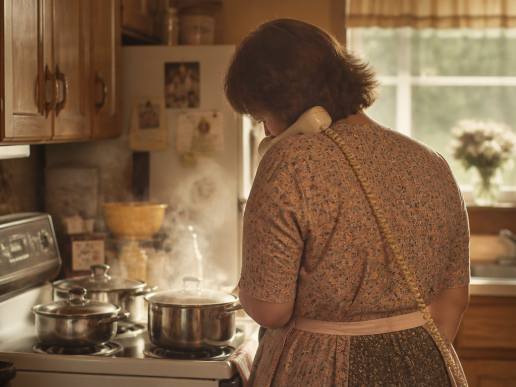 A mother at a stove with steaming pots and a corded phone on her shoulder, lit by warm window light in a vintage kitchen