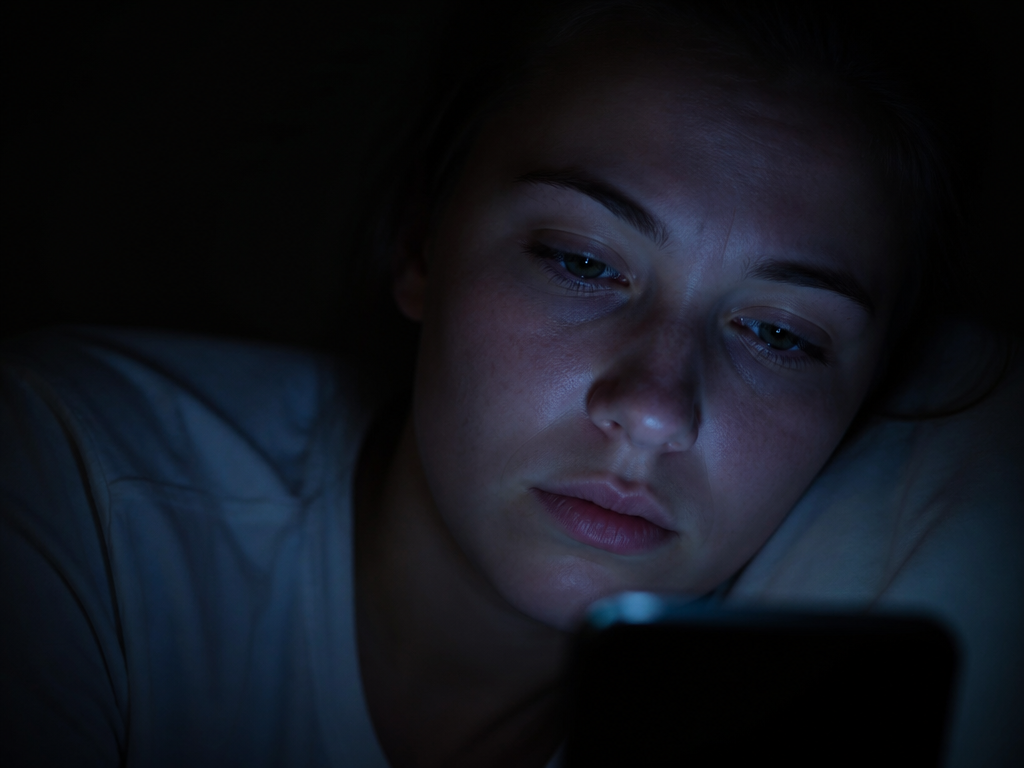 A person's face lit only by a glowing phone screen in a dark bedroom at night, expression tense and uncertain
