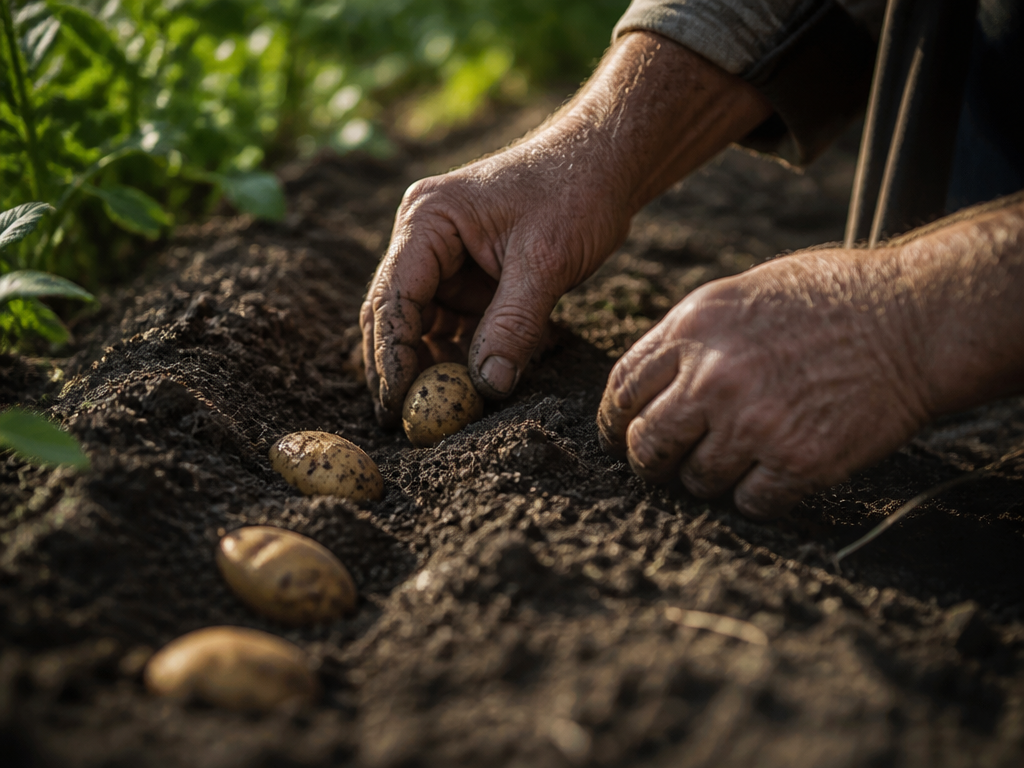 Weathered hands of an older man pressing seed potatoes into dark soil in a freshly dug garden trench at dawn