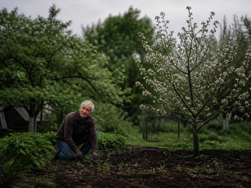 An older man kneeling alone in a backyard garden beside a blooming apple tree, head tilted as if listening