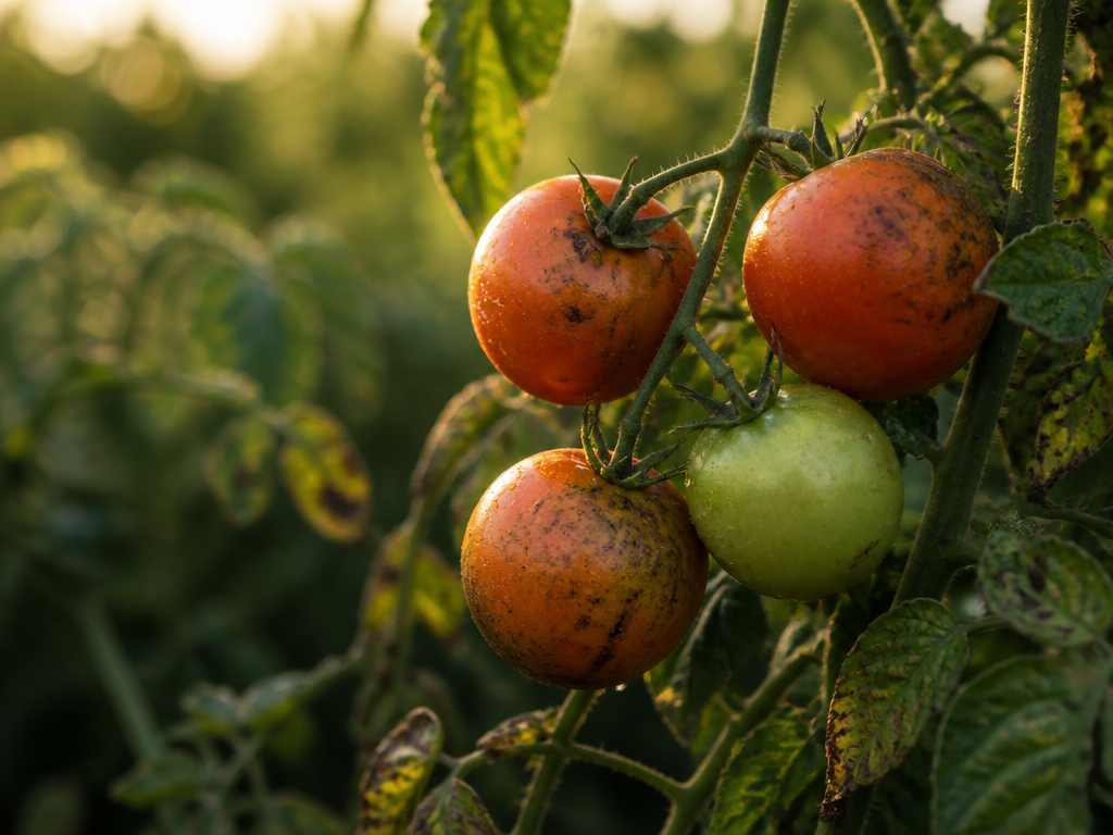 Ripe and slightly blighted tomatoes on the vine in a backyard garden lit by warm golden hour light