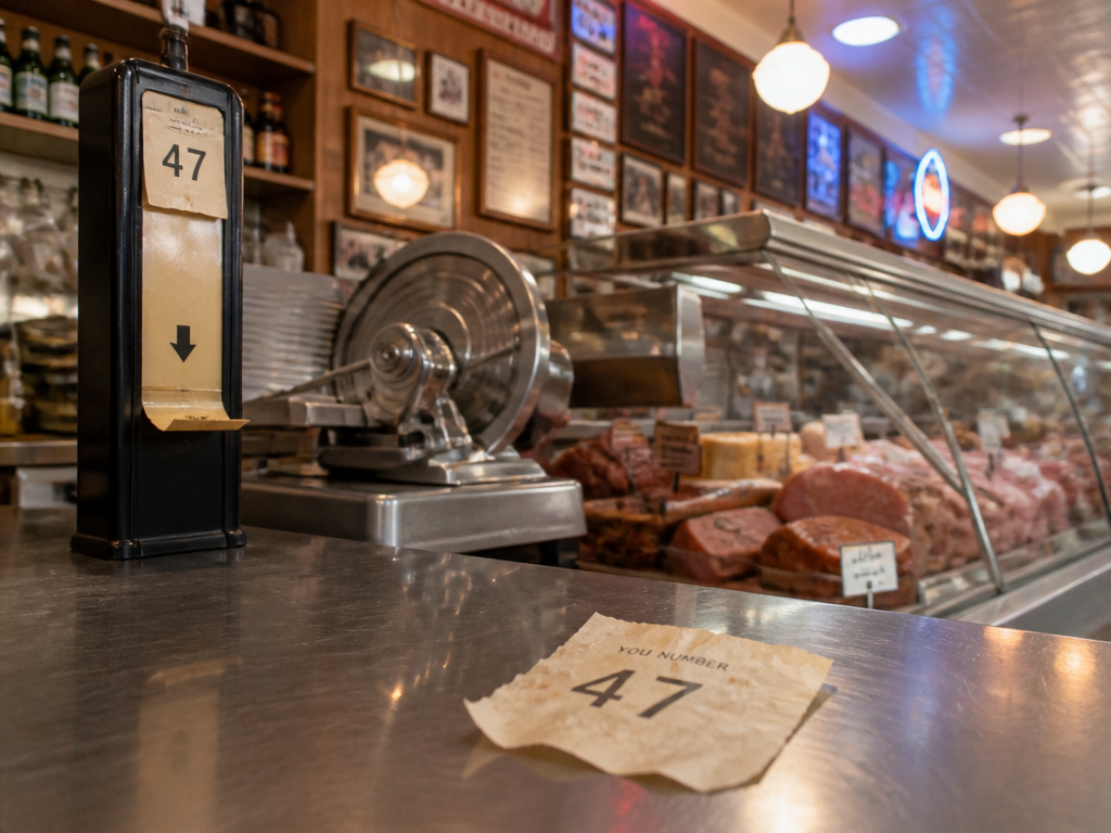 A crumpled deli ticket numbered 47 resting on a counter beside a glass case of meats under warm light