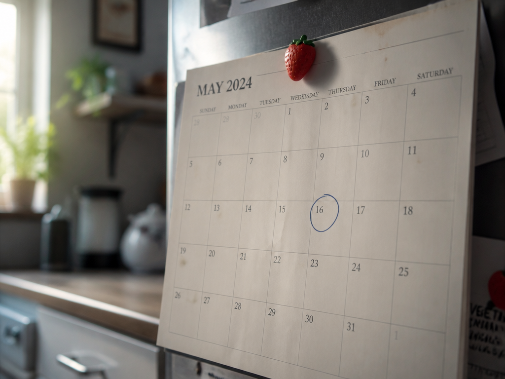A nearly empty fridge calendar held by a red strawberry magnet, with one date circled in pen in soft morning light