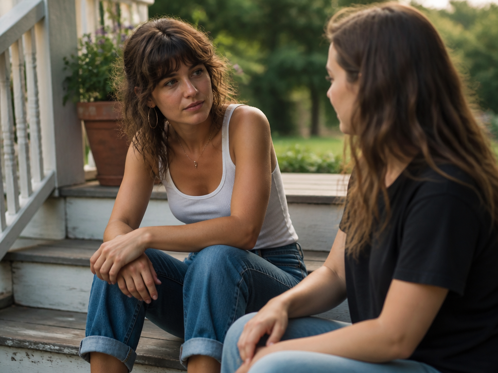Two friends sitting on weathered porch steps in soft afternoon light, one turned thoughtfully toward the other