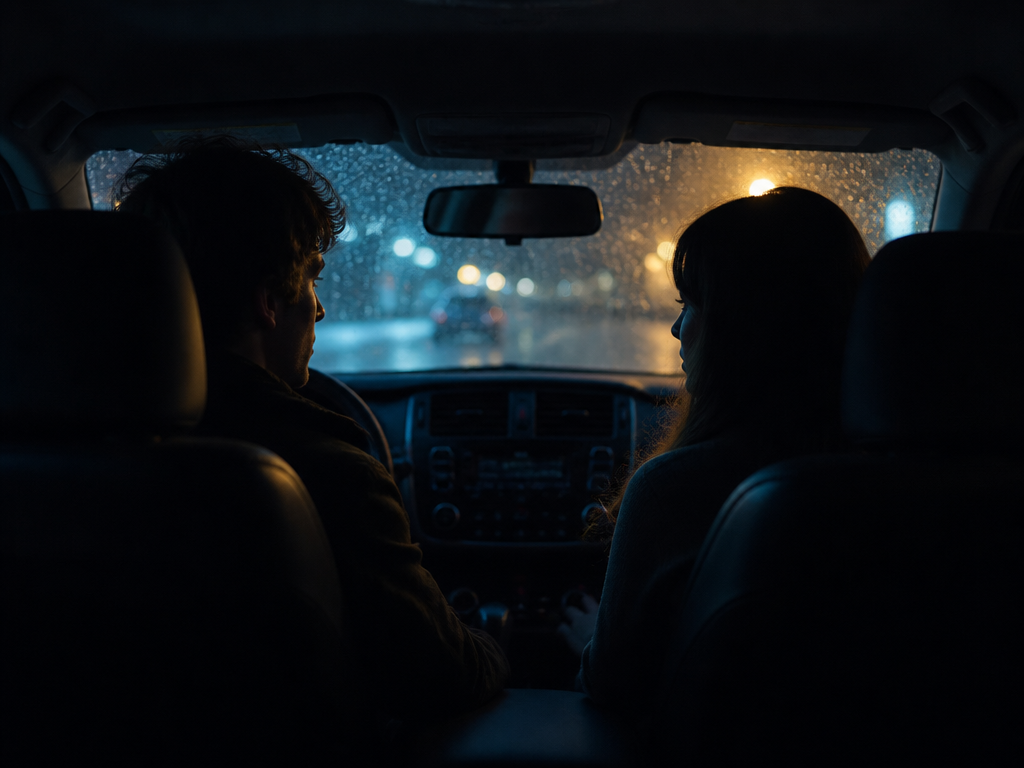 Two silhouetted people sitting in a parked car at night with rain on the windows, a quiet reconciliation moment