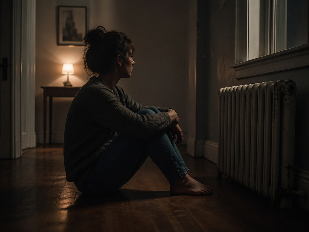 Person sitting on a hardwood floor beside an old radiator in dim lamplight, conveying loneliness and quiet tension