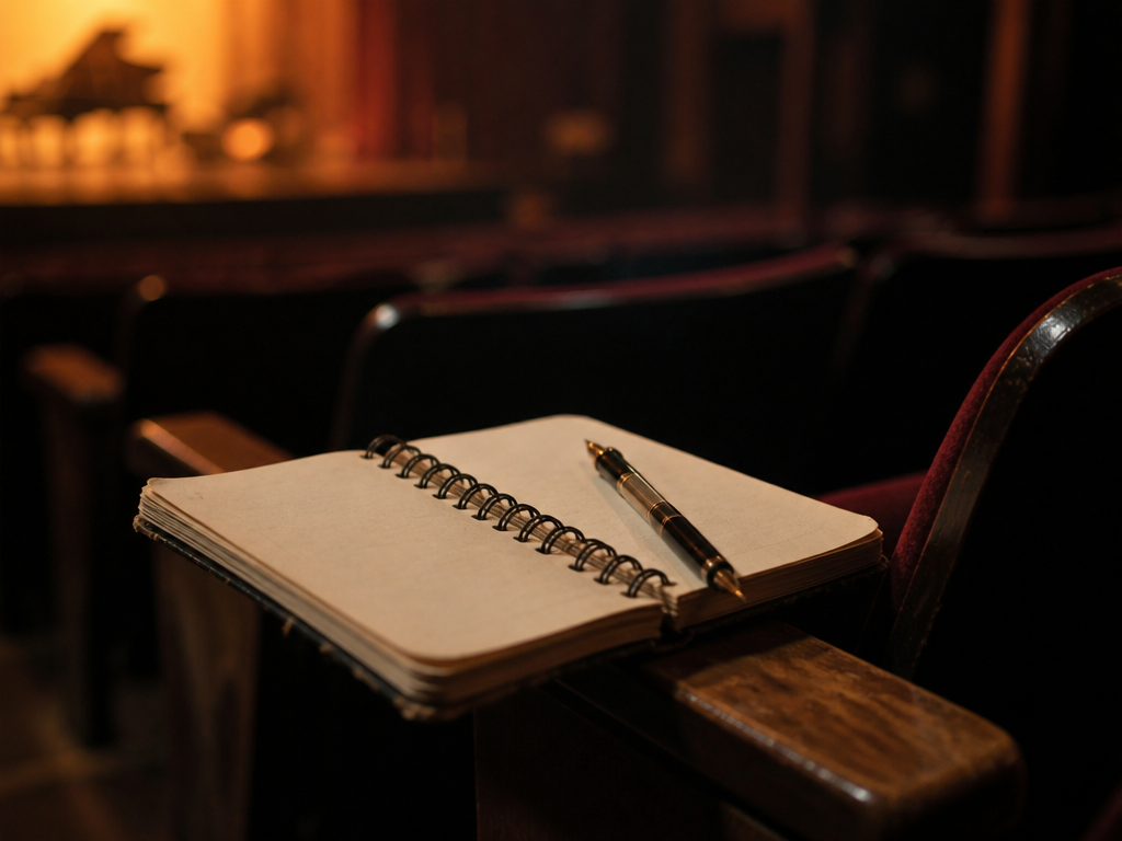 Open spiral notebook with a pen resting on a wooden chair arm in a dim, half-empty concert hall with blurred velvet seats