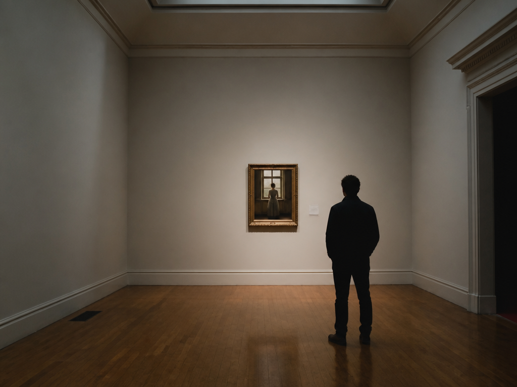 A lone visitor stands facing a small framed painting of a woman at a window in a quiet, softly lit museum room