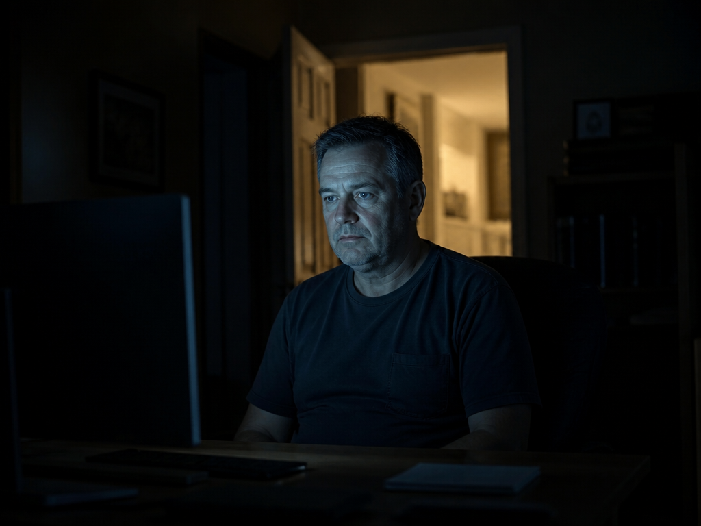 A man alone at night in a dark den, face lit by the blue glow of a monitor, warm household light visible through the doorway behind him