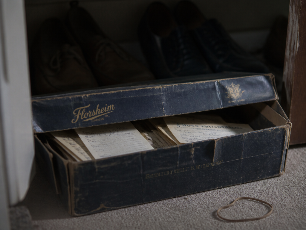 A worn vintage shoebox on a closet floor, lid ajar revealing decades of yellowed receipts and folded papers in soft light