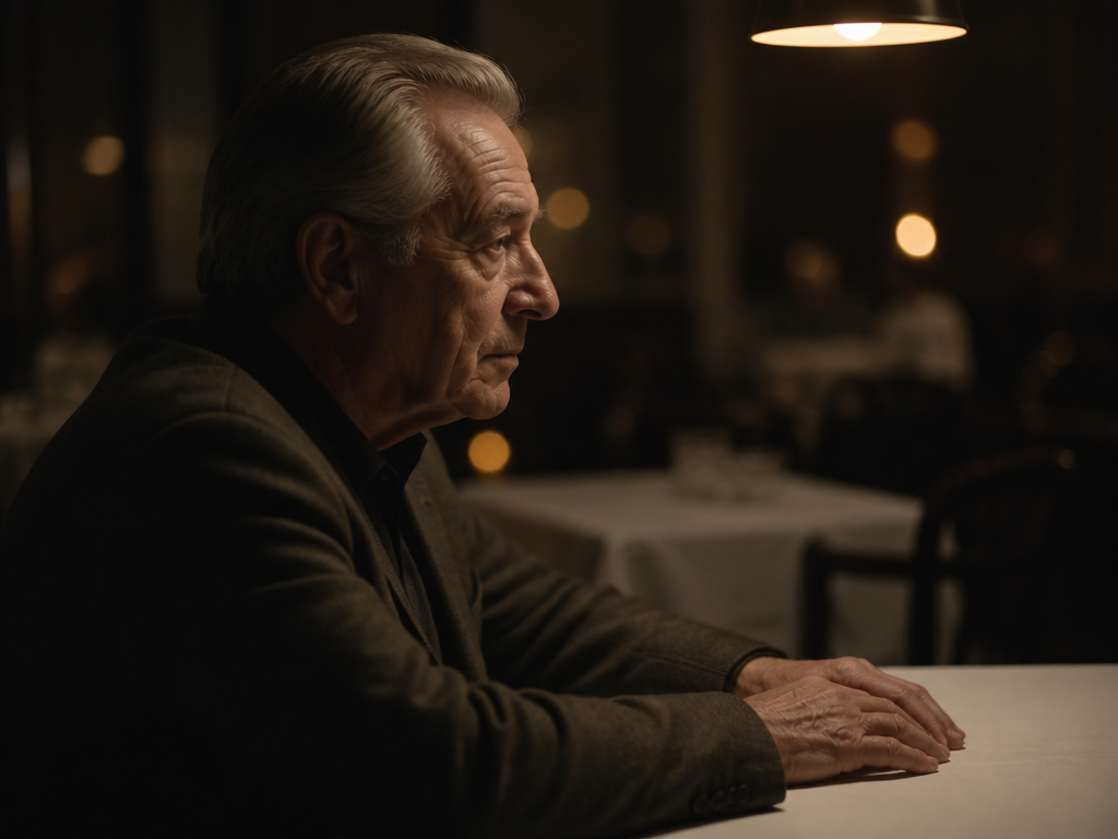 An older man sits alone at a dimly lit restaurant table at night, composed and expressionless, hands resting empty on white cloth