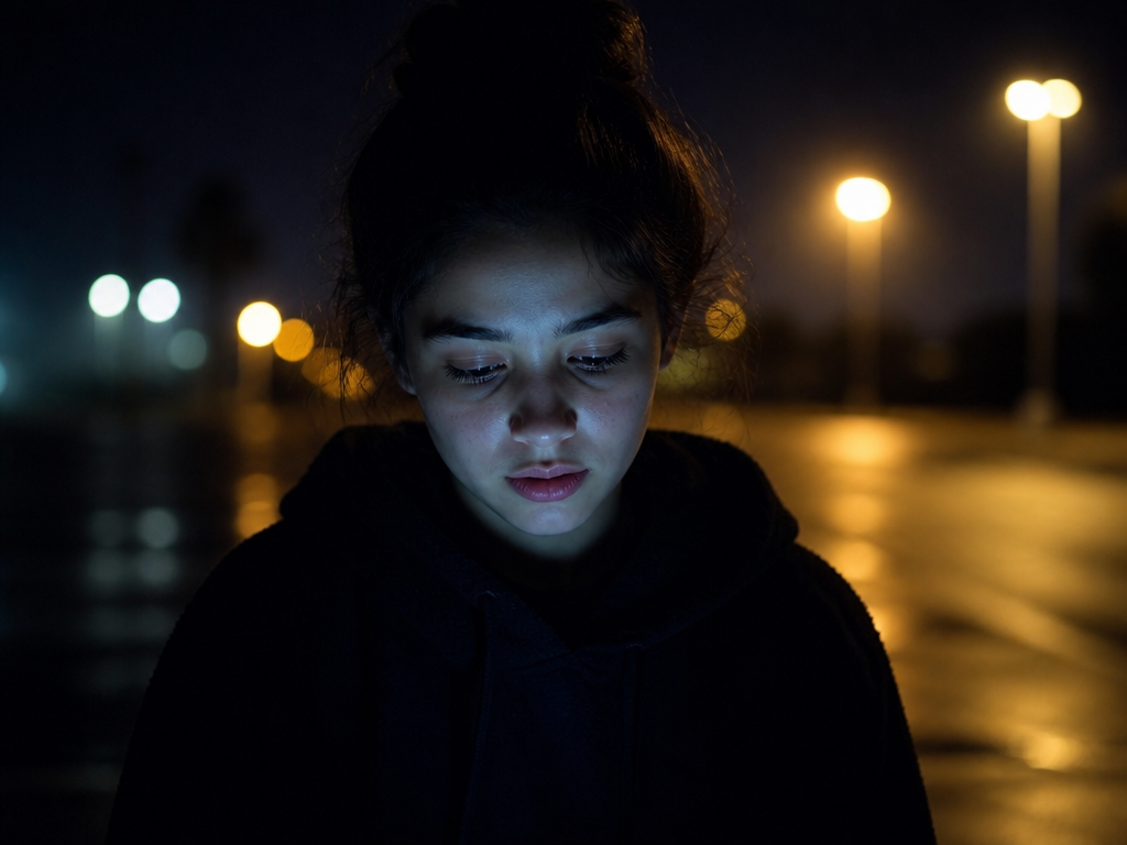 A person standing alone in a dark parking lot at night, face lit from below by soft phone glow, looking uncertain