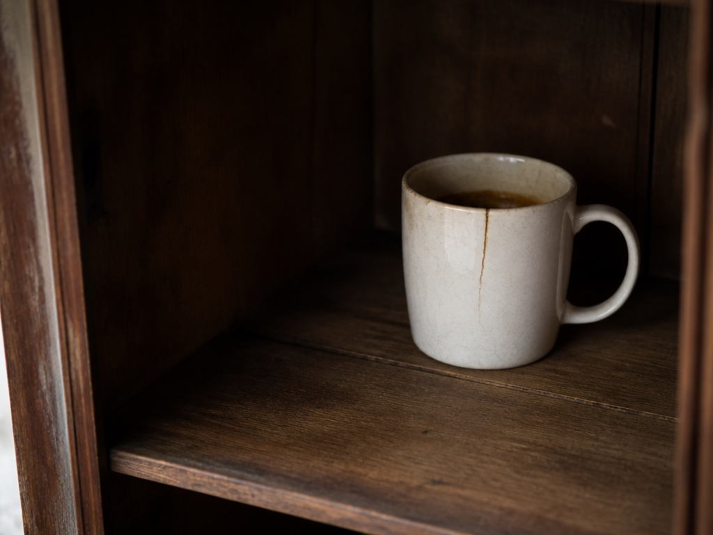 A cracked, coffee-stained white mug standing alone at the back of a shadowed wooden kitchen cabinet in soft window light