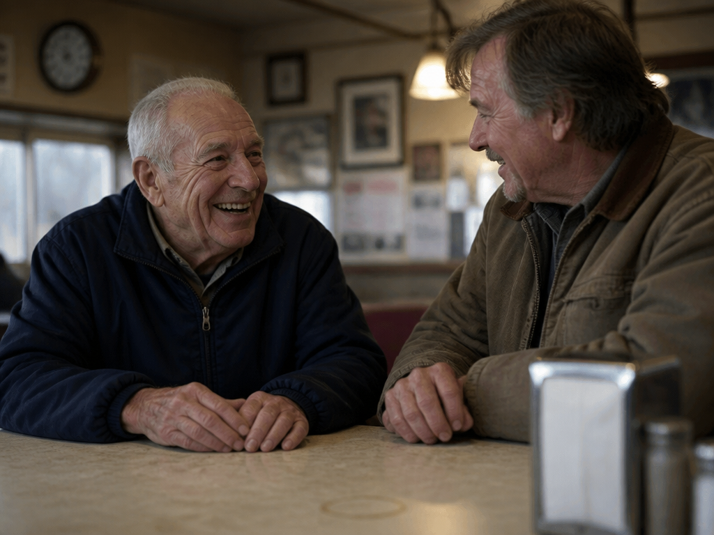 Two older men in jackets seated at a fogged-window diner counter, turned toward each other mid-conversation, hands empty