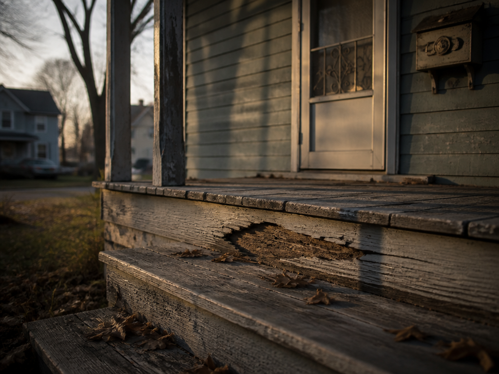 Rotted, splintered second step on a weathered wooden porch at dusk, screen door and mailbox blurred behind in golden light
