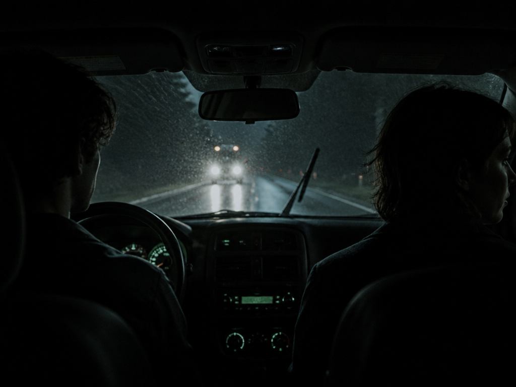 Two adult siblings sit in the front seats of a car at night, faces lit by dashboard glow as rain streaks the windshield