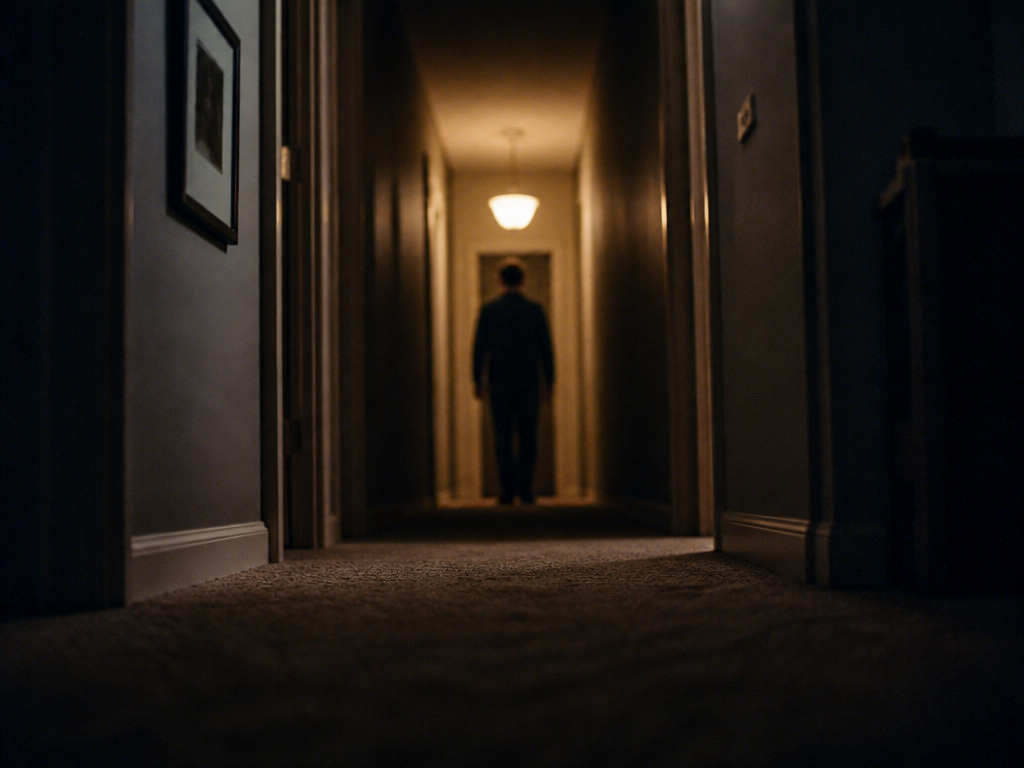 A person stands at the far end of a dim hallway at night, back turned and arms at their sides under a single warm ceiling light