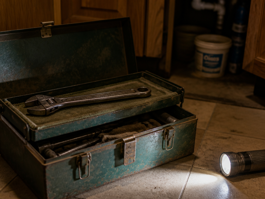 Open green vintage toolbox on kitchen tile, heavy steel wrench on worn felt tray, flashlight beam across floor