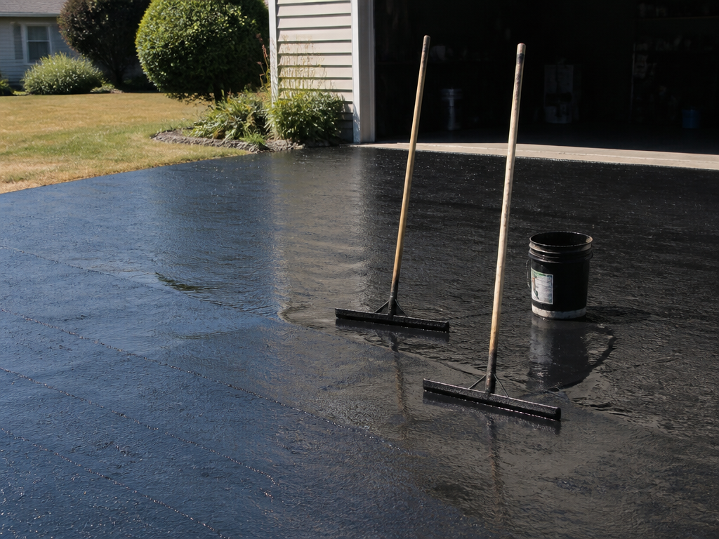 Two squeegees and a bucket standing in wet black driveway sealant under harsh summer sun beside an open garage