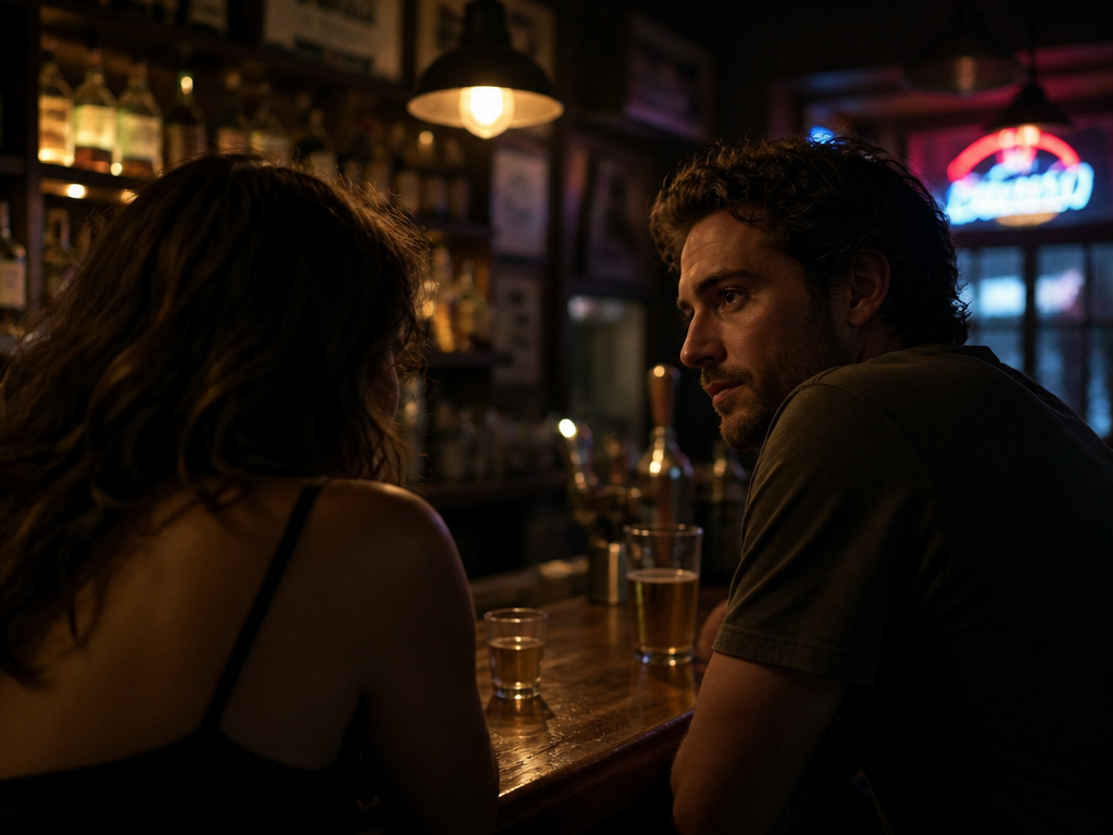 Two people talking across a dim bar at night, one listening with a gaze drifting slightly past the speaker