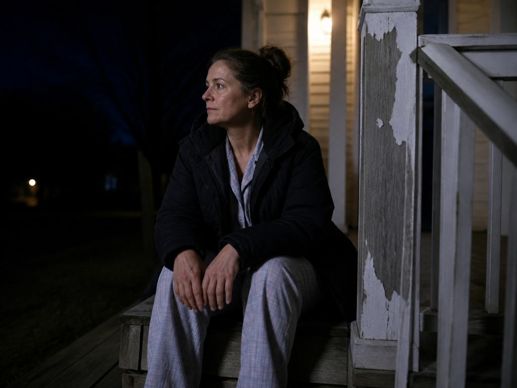 Woman in a coat over pajamas sitting on dark porch steps beside a railing with white paint picked away