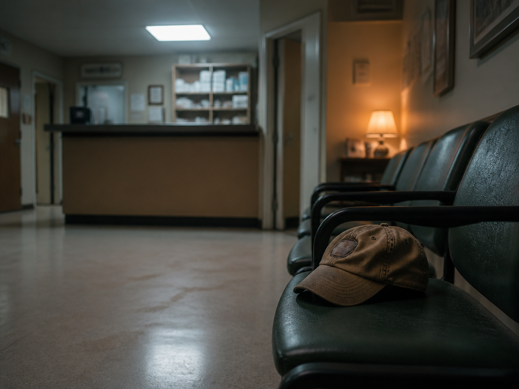 Worn canvas work cap resting alone on a vinyl chair in an empty veterinary clinic waiting room at night