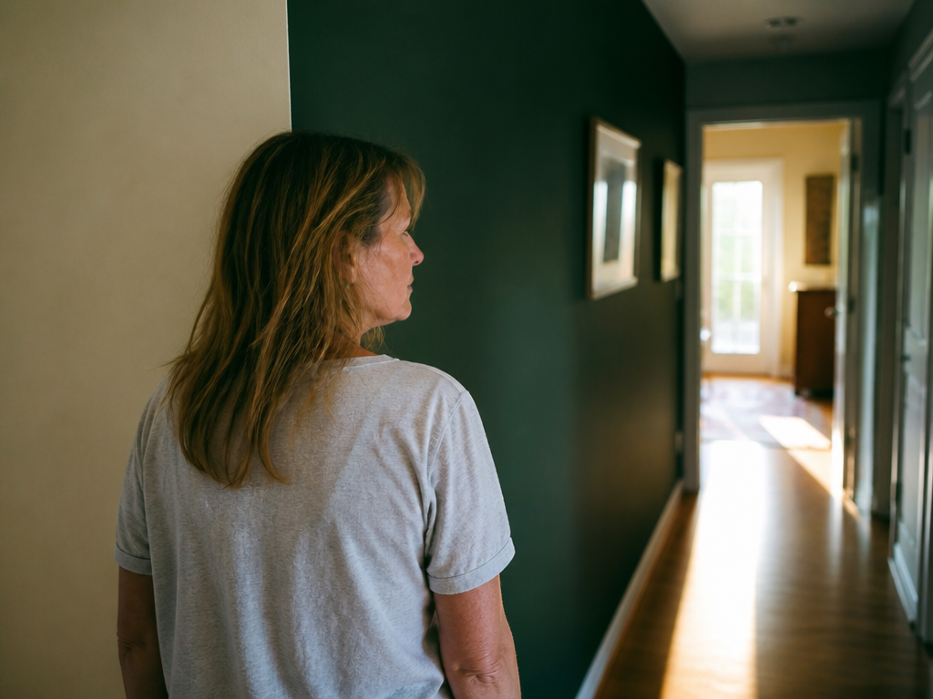 Woman in a T-shirt seen from behind in a hallway where a deep green wall meets an off-white wall, afternoon light on the floor