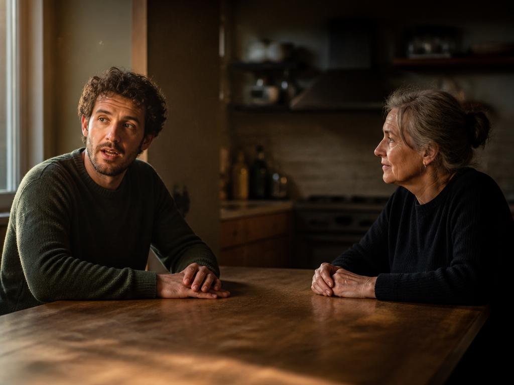A parent listens as their adult son talks across a wooden kitchen table in warm evening light, both hands empty