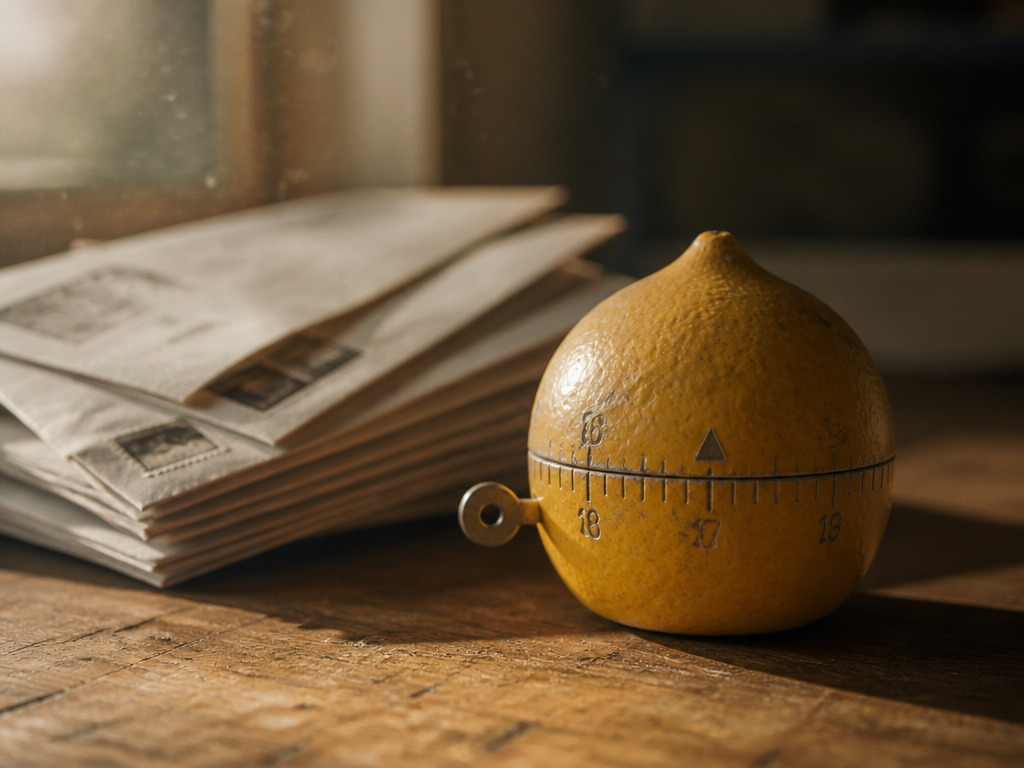 Yellow plastic lemon-shaped wind-up kitchen timer with faded dial numbers resting on a wooden desk beside unopened mail