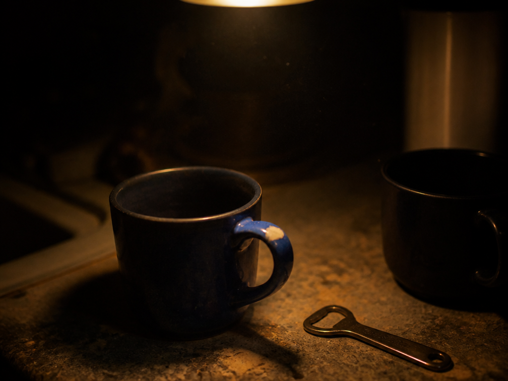 Chipped cobalt blue mug on a dim kitchen counter at night beside a bottle opener, lit by a single warm bulb