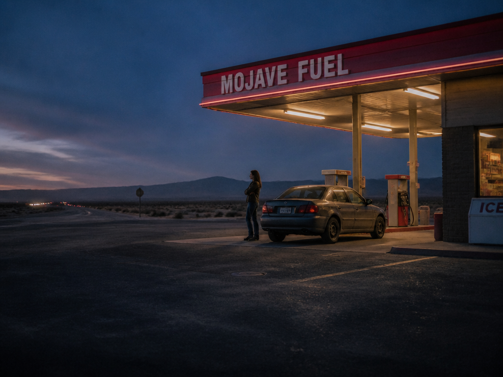 Woman with arms crossed leaning against a car at a lit desert gas station at dusk, empty highway behind her