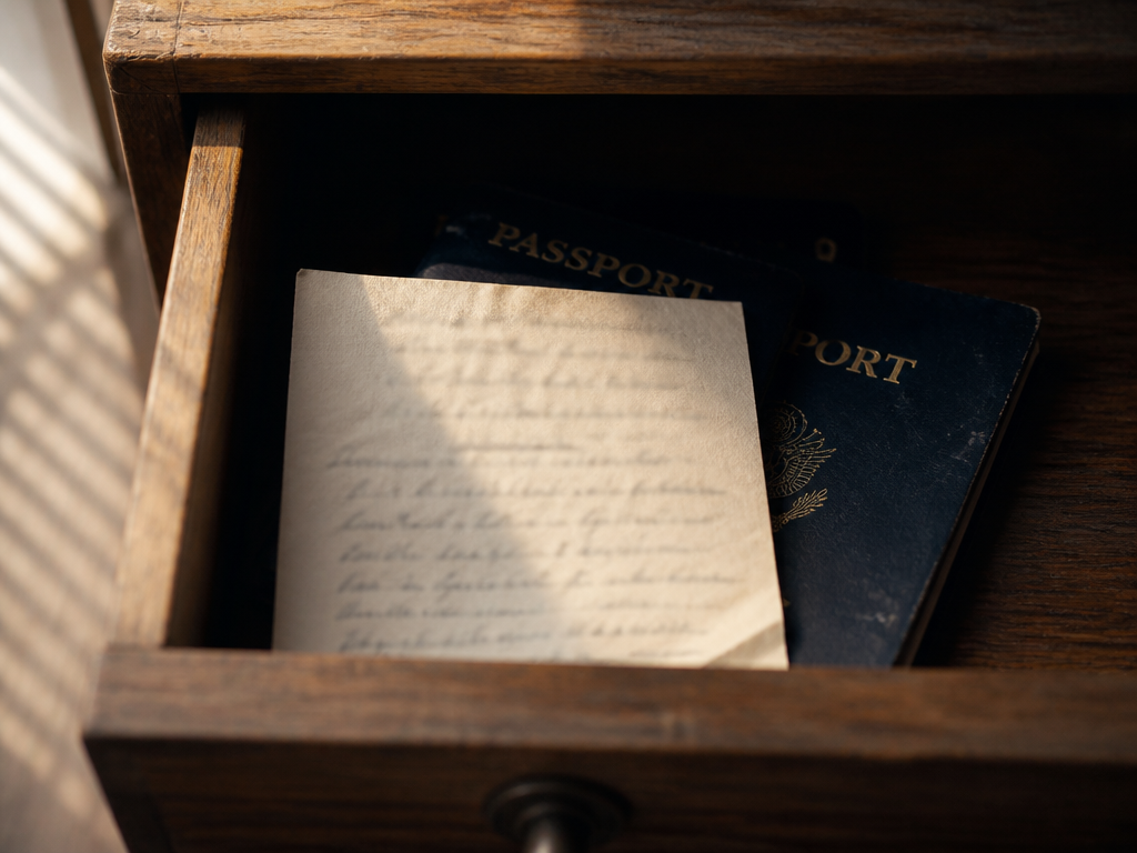 Open bottom desk drawer holding two worn passports and a creased handwritten card, lit by warm afternoon window light