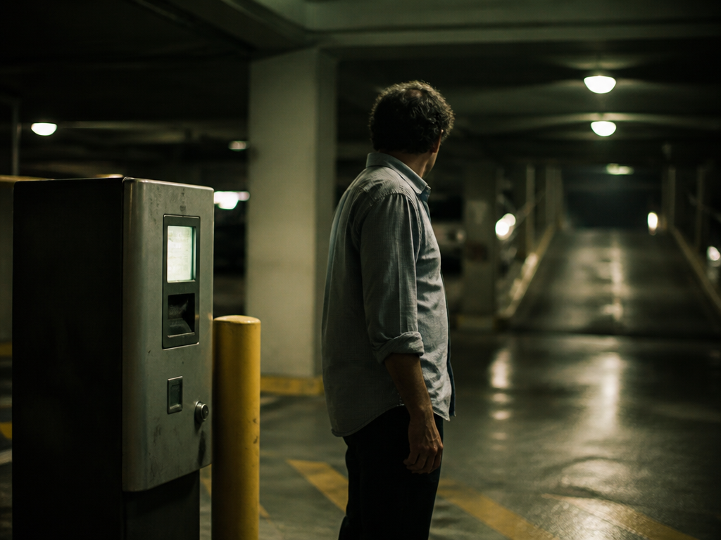 Middle-aged man standing empty-handed beside a ticket machine in a dim concrete parking garage, head turned away