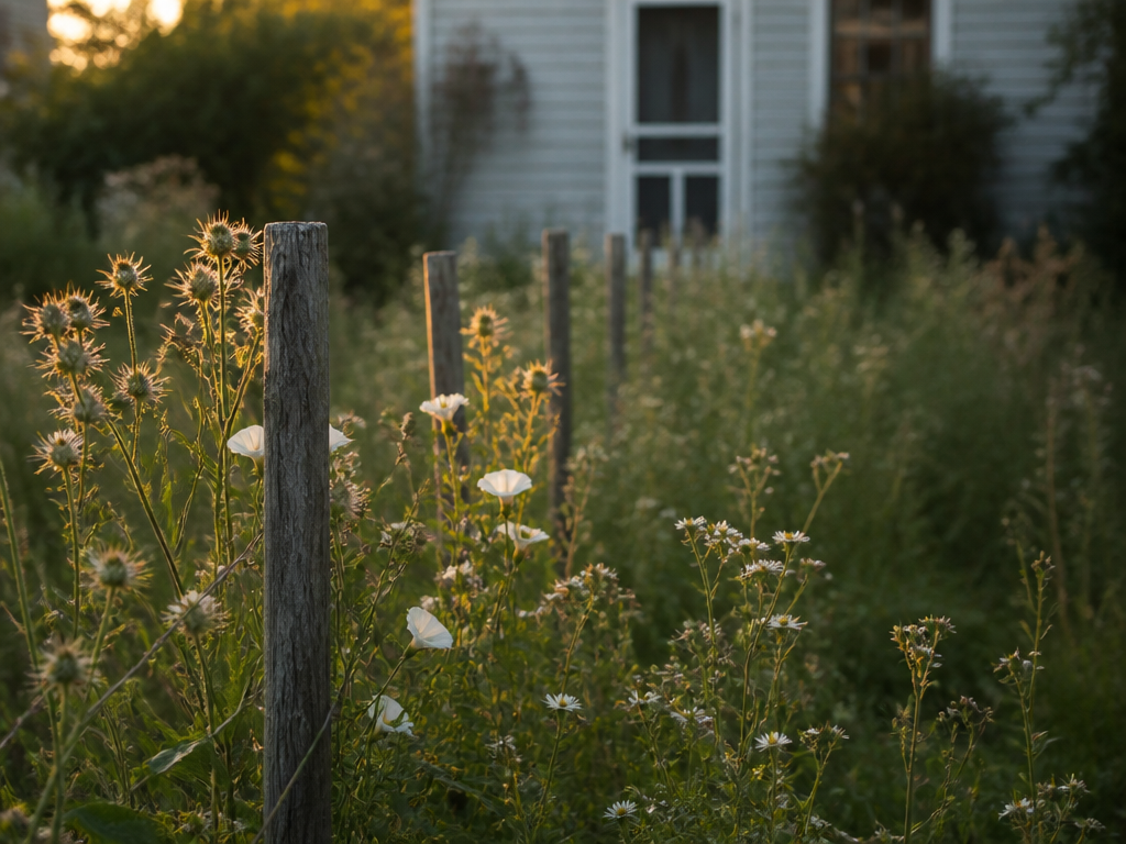 Overgrown backyard garden plot with weathered tomato stakes lost in chicory and white bindweed at golden hour