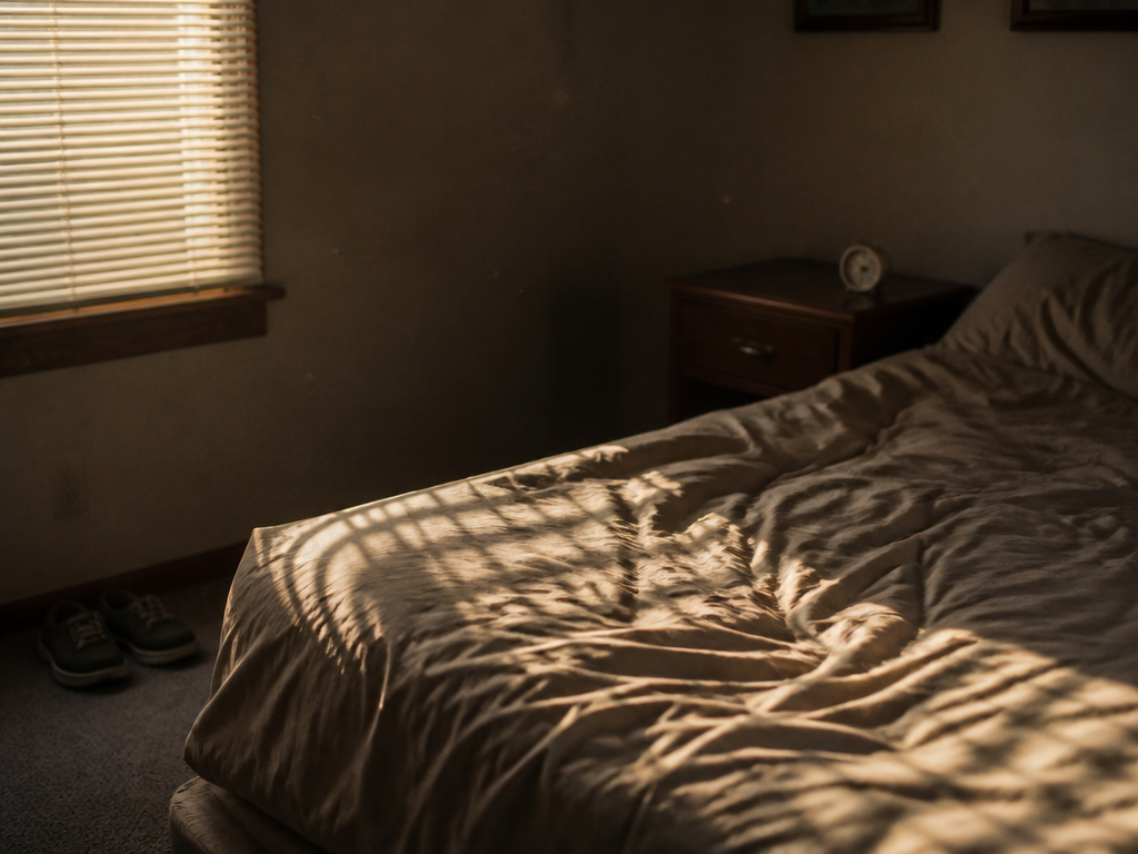 Empty bedroom with drawn blinds casting amber light on a rumpled comforter, shoes on the floor beside the bed