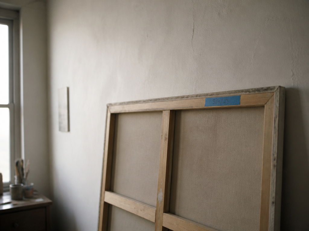 Unfinished canvas turned to face a plaster wall, blue painter's tape with a penciled date on its wooden stretcher