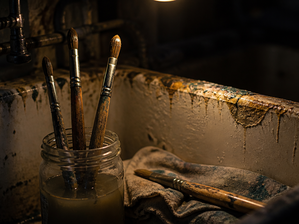 Three worn paintbrushes standing in a cloudy solvent jar beside a paint-stained studio sink under a single warm bulb