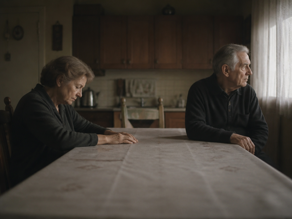 Older couple sitting silently at opposite ends of a long kitchen table, hands empty, in soft diffused morning light